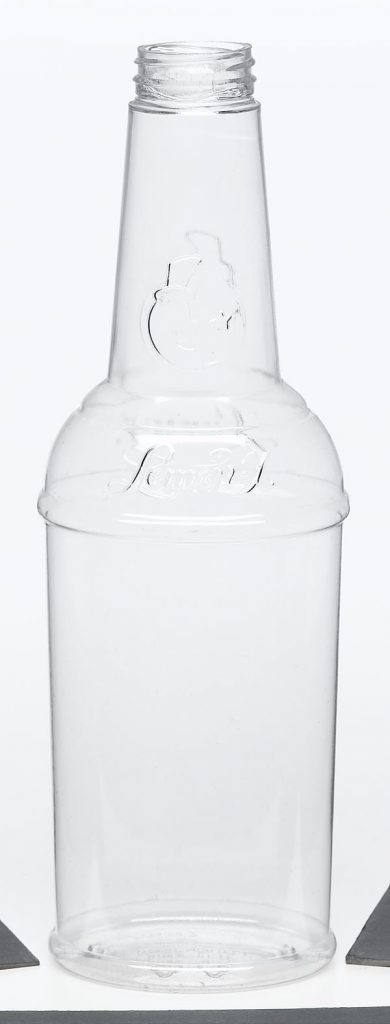 food and beverage clear plastic container with screw top and embossed detailing food safe